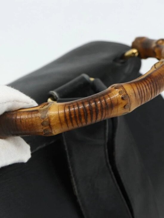 GUCCI Bamboo Backpack Leather Black Gold Auth main image 7